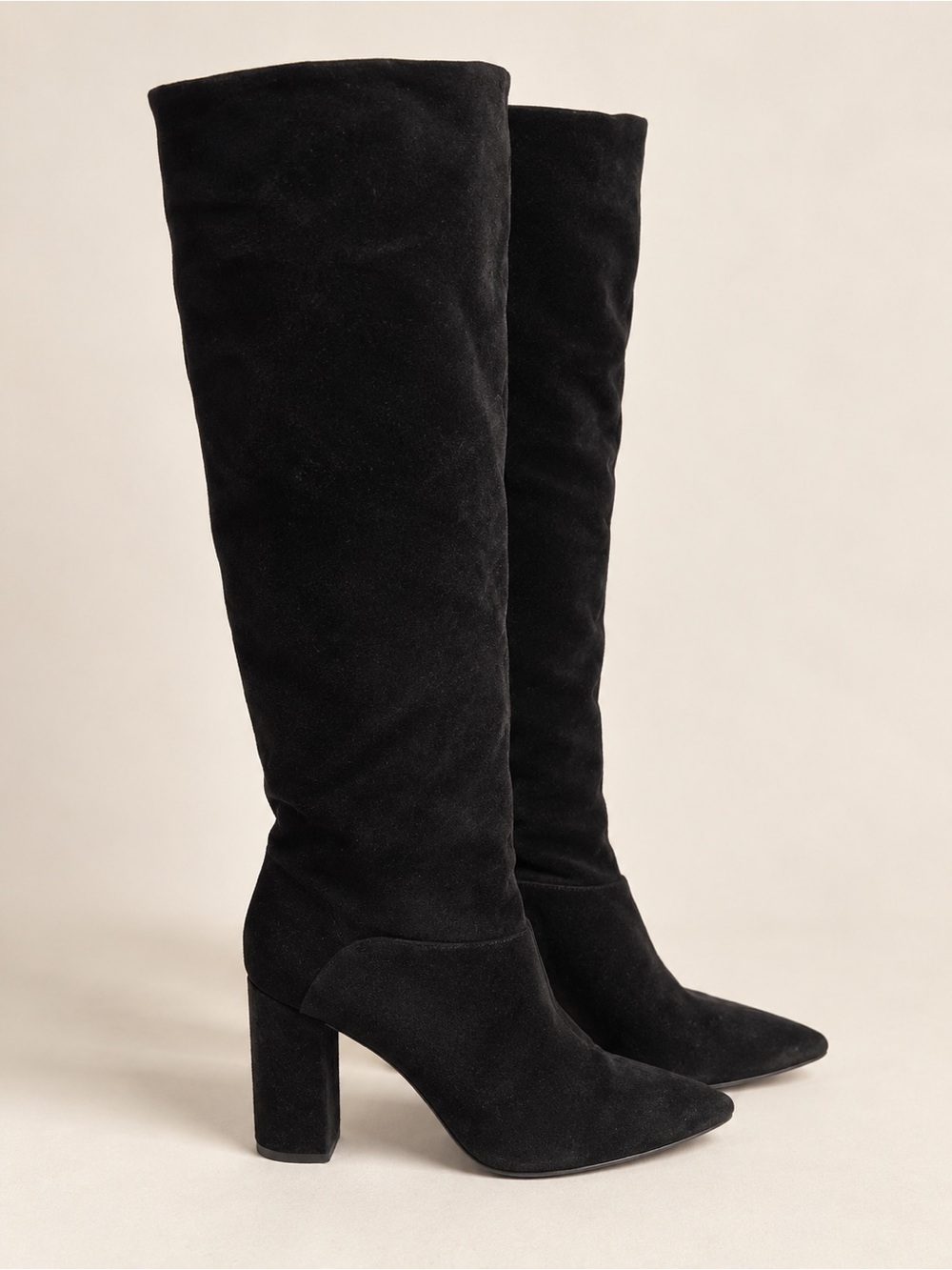 Black Suede Knee-High Block Heel Boots - Women size 9